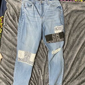 hollister ripped mom jeans with flannel patch work